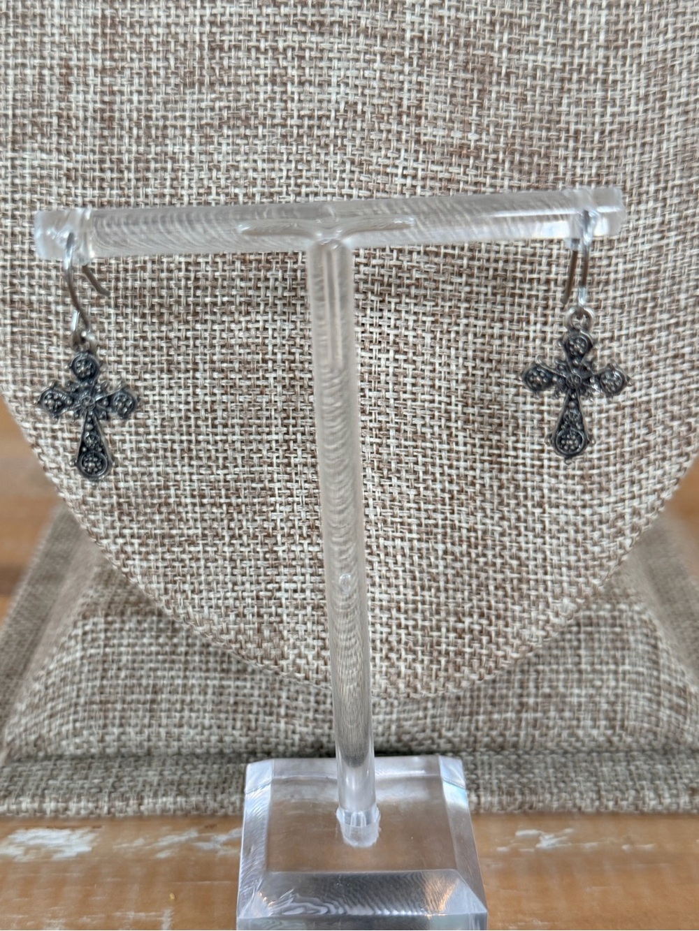 Hooked Silver Tone Dangle Cross Earrings